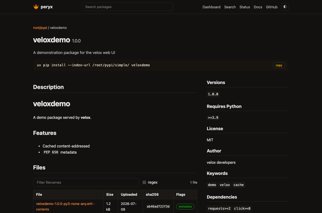 A project page: description and files on the left, metadata panel on the right