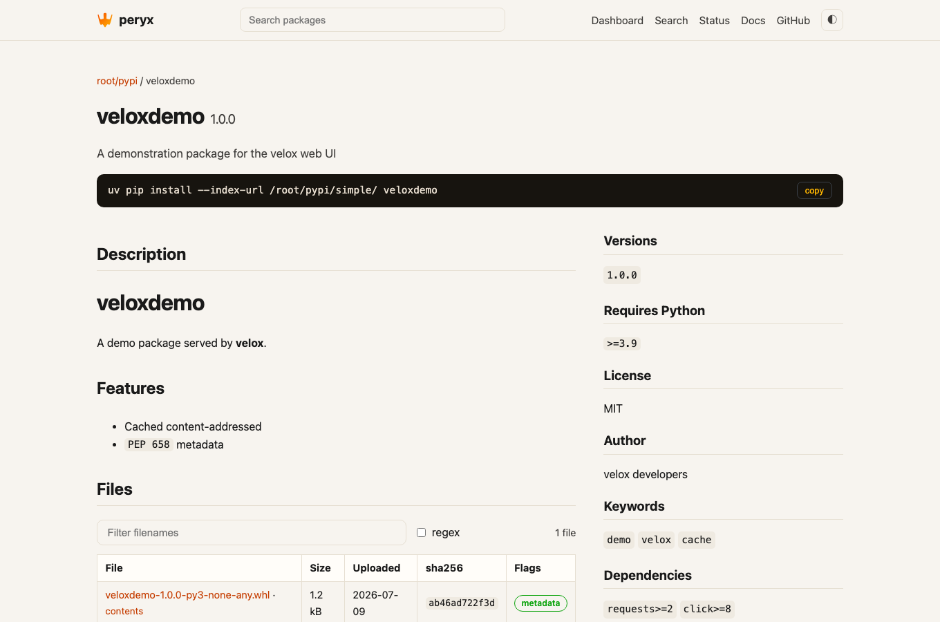 A project page: description and files on the left, metadata panel on the right